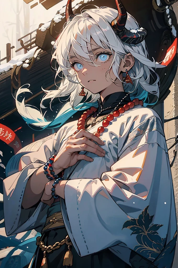 1male, mature, tan skin, tundra, cold, cool tones, surrounded by ice, ice cave, ice cavern, snow, finely detailed glowing blue eyes, ((detailed hands)), nice hands, medium messy hair, white hair color, prayer bead necklace, prayer bead bracelet, night, somber expression, ((detailed eyes)), ((horns)), red tattoos on chest, dark atmosphere, lanterns, snowy forest
