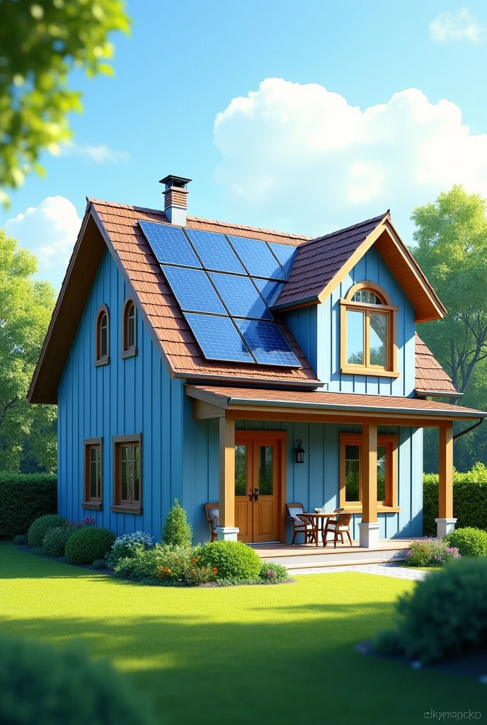 Blue house with solar heater