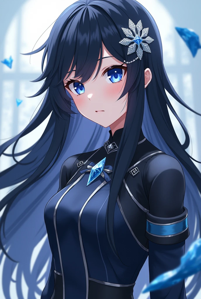 anime girl   full body Hair: Freya has long, midnight-black hair that falls in soft waves to the middle of her back. The natural shine of her locks reflects the light, giving her a silky, well-groomed appearance. She often wears her hair loose, with a few thin braids at the sides, adorned with an elegant snowflake-shaped brooch. This brooch, made of silver and encrusted with small gemstones, symbolizes her affinity with ice and stands out delicately among her dark hair.

Eyes: Her eyes are a deep blue, reminiscent of Arctic ice. They are piercing and intense, conveying an inner strength and determination that few can ignore. When she is focused or in moments of introspection, her eyes seem to shine even brighter, reflecting her intelligence and insight.

Skin: Freya has clear, pale skin, almost like porcelain, contrasting with the darkness of her hair. Her skin is smooth and flawless, the result of the care typical of her noble position. However, she has a natural blush on her cheeks, which adds a touch of vitality to her appearance.

Attire: Freya wears clothes that reflect her position and status, always with a touch of elegance and sobriety. Her dresses are usually in dark tones, such as navy blue, gray, or black, often decorated with silver or light blue details. The style of her clothes is classic and refined, with cuts that highlight her slender figure and graceful posture. For battle or training, she opts for combat attire made of lightweight but durable materials that allow for mobility without sacrificing protection.

Height and Build: Freya is of average height, with a slender and athletic body, the result of years of physical training. Her posture is erect and confident, reflecting both her noble background and her unwavering determination. Despite her delicate appearance, her body displays latent strength, especially in her arms and legs, evidence of her rigorous training in fencing and combat.

Facial Expression: Freya's expression is generally calm and