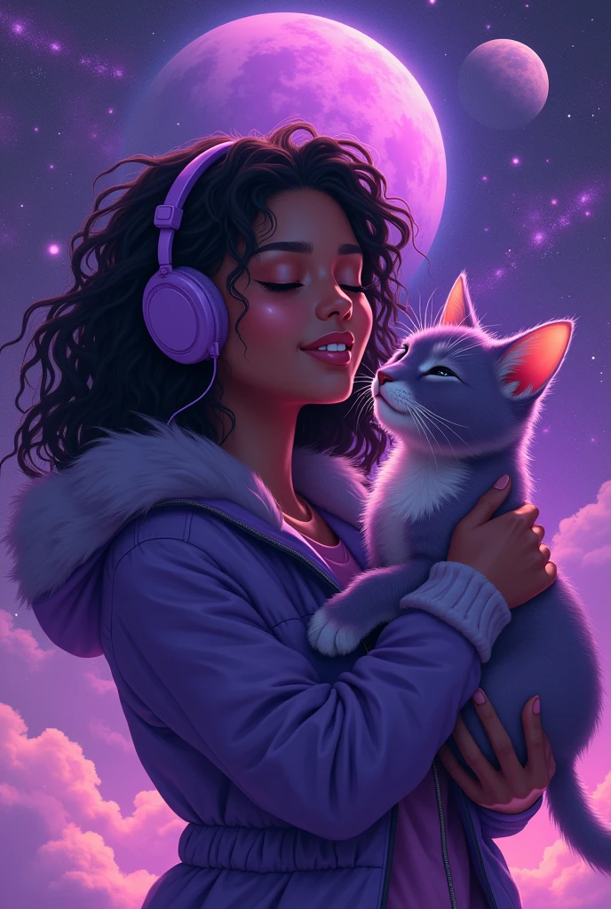 Dark skinned Woman in the middle of the universe, Dark skinned Woman listeling to music, Dark skinned Woman with purple headphones, Dark skinned Woman with eyes closed, Dark Skinned Woman wearing jacket, Dark Skinned Woman with weavy hair, Dark Skinned Woman happy, Dark Skinned Woman hugging a cute cosmic purple cat, Purple cosmic cat licking the face of the dark skinned Woman, Purple sky, purple planets, purple Stars, purple galaxies, Purple clouds, Anime realistic style
