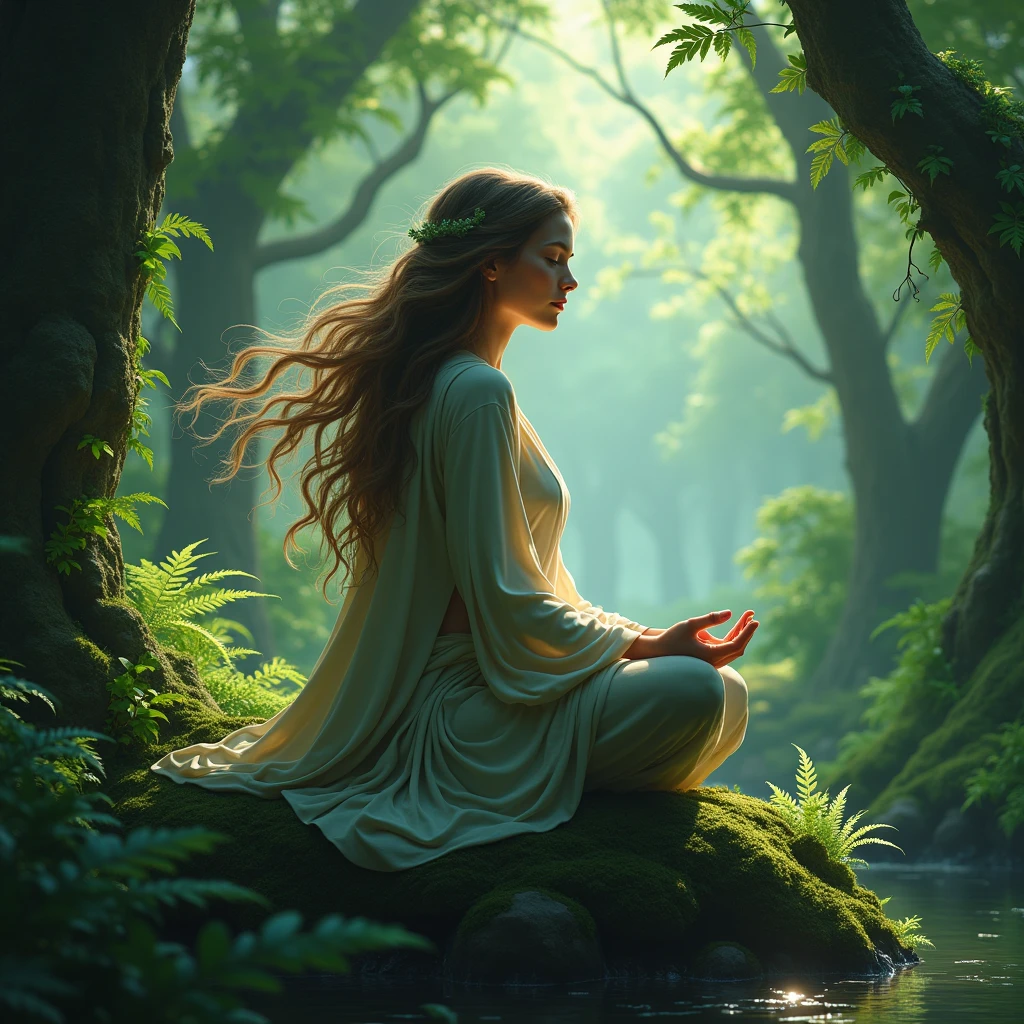 sitting on a rock and meditating、A female druid who is in tune with nature、Dungeons＆Dragons