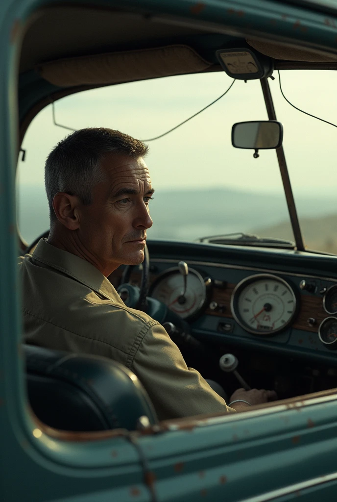 Aging young man in car