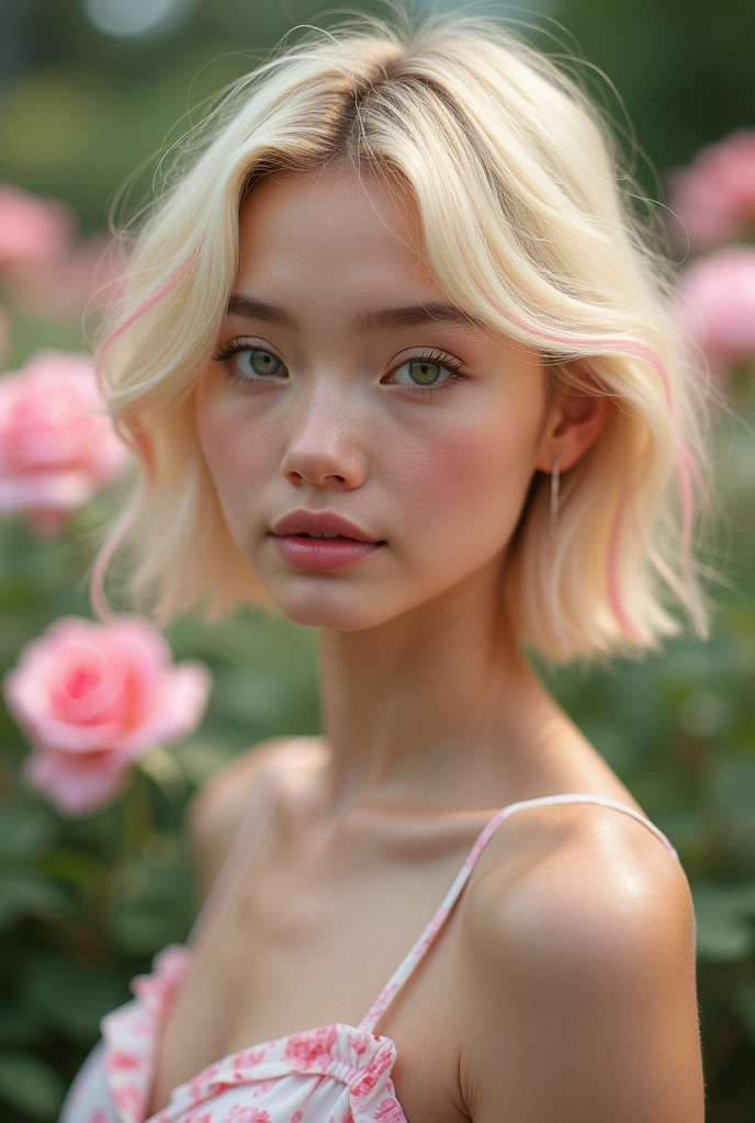 8k, RAW photo, Fujifilm, style photo of a beautiful young woman as avril in a garden of light pink roses (highly detailed skin: 1.2) Style-Petal BREAK short hair, blonde hair with colored locks, wearing a dress, film granulation, 35mm, cute style
