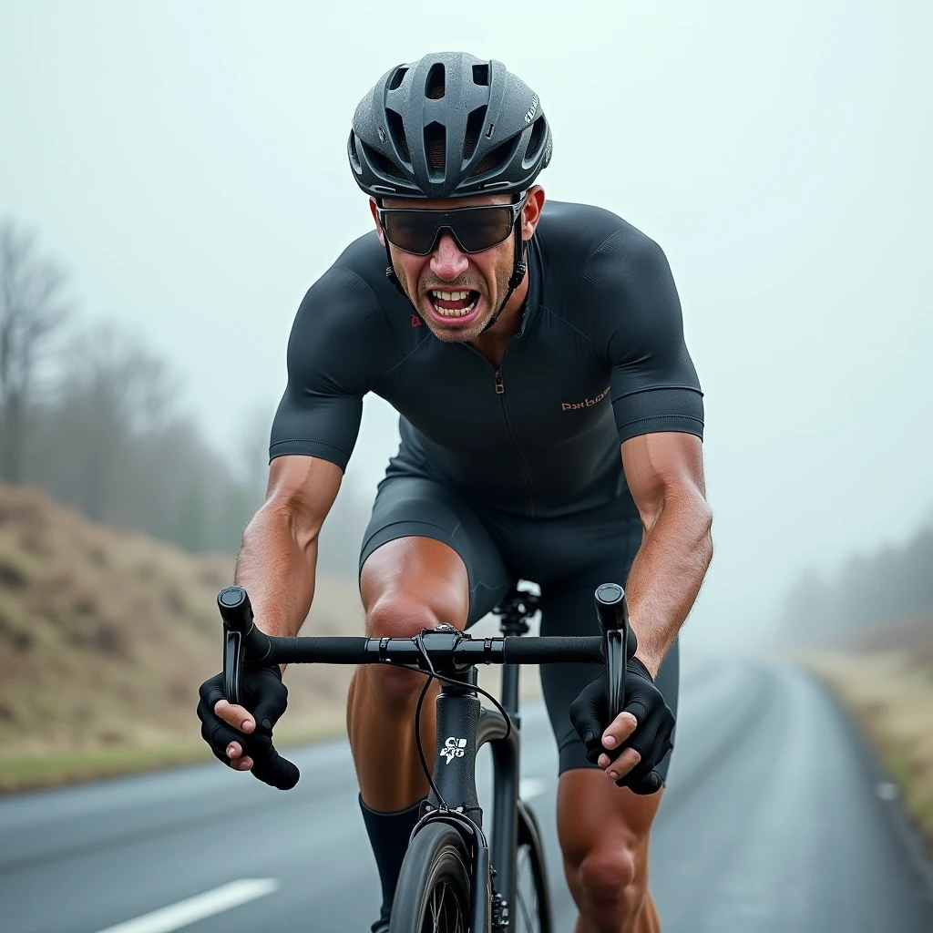 Road bike rider facing forward, strong headwind, face sagging in headwind, clenching teeth
