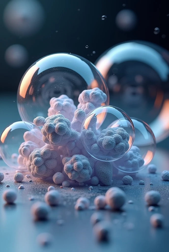 a close up of a bunch of bubbles on a table, graphene, space molecules, classic 3 d model of molecule, ctane 3 d rendered, made of nanomaterials, nanomaterials, dust molecules, honeycomb structure, molecules, modular graphene, synthetic materials, rendered in cinema 4 d octane, high contrast hyperrealism 8k, nanotechnology, no depth of focus, no blur