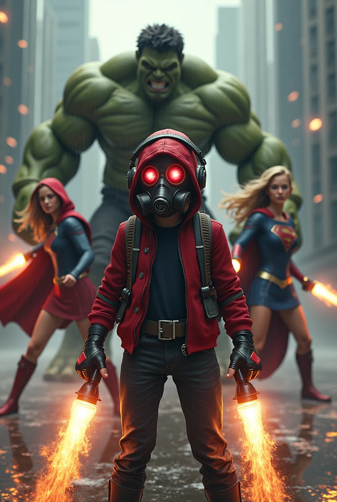 Young Star-lord with red hoodie, headphones, star-lord helmet, gas helmet, covered mouth, round red eyes, Red eyes, magic rings in the hands and rocket boots vs, SuperGirl, vs. Hulk Fighting, power, fiction, full body, hug, fall, fire in boots, poweful spells, realistic, helmet, mask, red cape, confrontation, punch, gun, flying in the sky, view of the city from above, rain, fighting, Black gloves, ocean floor, face cover, free hair, front cover