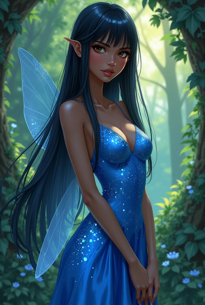 A fairy, dark skintone, long straight dark blonde hair , long bangs hairstyle, dark brown eyes, straight eyebrows, full lips. She is wearing a super shiny sparkle blue tight short dress. Magic forest ambience. anime mangá style.