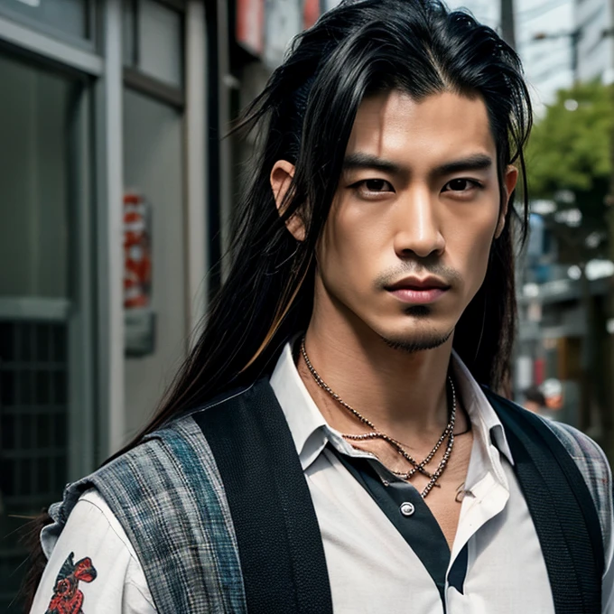 1 man, Japanese man, male, Asian eyes, muscular, broad shoulders, yakuza tattoos, hairstyle Visual Kei style, hair Visual Kei, black men's shirt and black pants, ultra detailed face, hyperrealistic, realistic representation, long hair, long hair, 30 years old, age 30 years, blonde hair