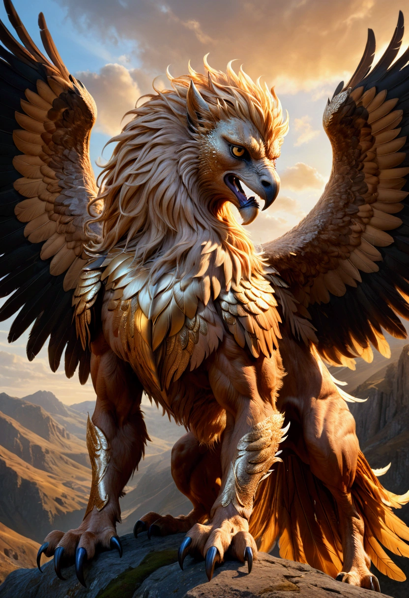 Griffin, a griffin, highly detailed, cinematic lighting, dramatic angle, fantasy art, muscular body, sharp talons, piercing eyes, majestic wings, powerful presence, rugged terrain, golden hour, dramatic shadows, intricate feather texture, flowing mane, 8k, masterpiece, best quality, very aesthetic, absurdres