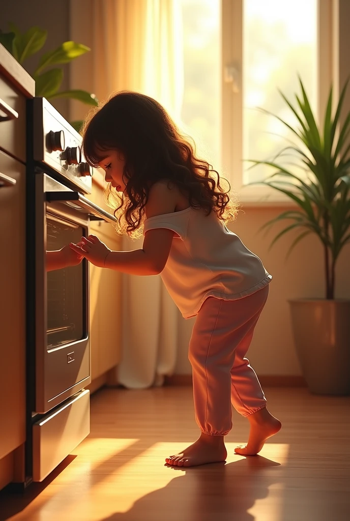 (photorealism:1.2), beautiful seven-year-old girl, opening oven door, wearing loose off-shoulder top, pajama pants, long curly hair, indoors, soft lighting, plants in background, window with sunlight, modern kitchen, bending pose, realistic, intricate details, warm colors