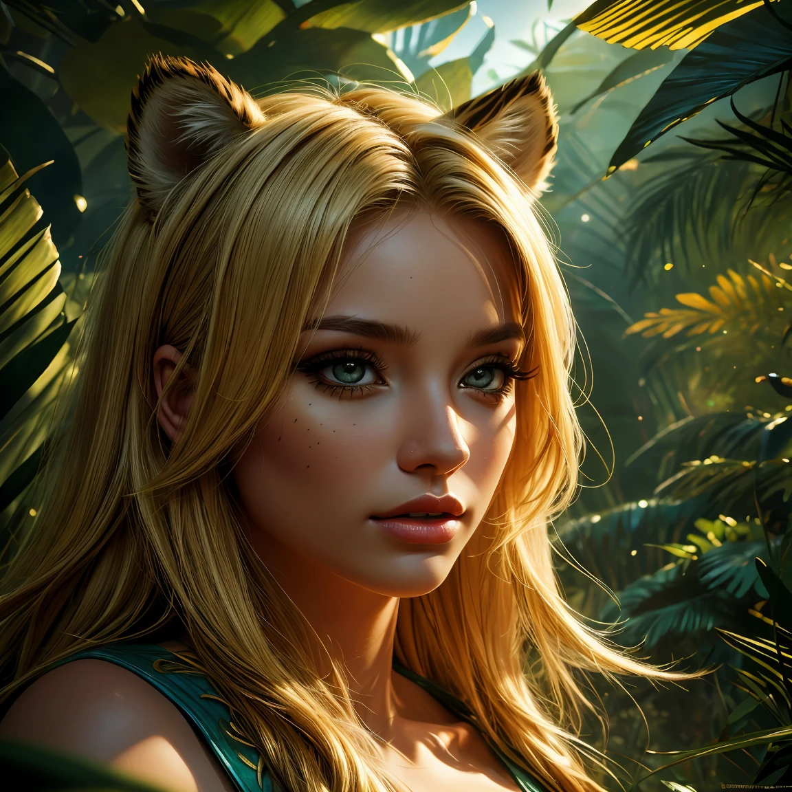 a blonde girl with big tiger ears and a tiger body, looking directly at the viewer, in a lush jungle background, (best quality,4k,8k,highres,masterpiece:1.2),ultra-detailed,(realistic,photorealistic,photo-realistic:1.37),detailed eyes,detailed lips,extremely detailed face,long eyelashes,detailed texture of fur and skin,magical realism,dramatic lighting,vibrant colors,fantasy,digital art,concept art