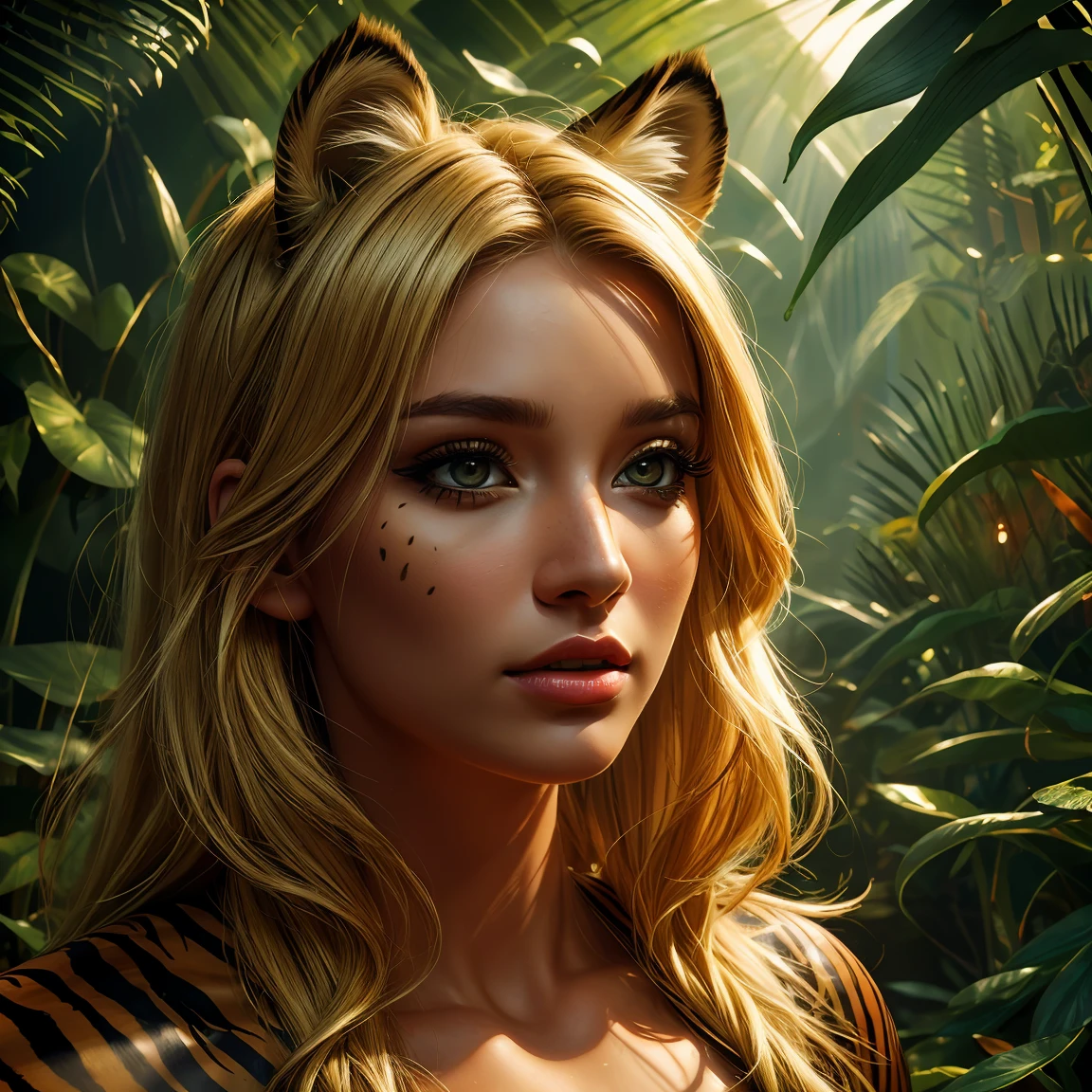 a blonde girl with big tiger ears and a tiger body, looking directly at the viewer, in a lush jungle background, (best quality,4k,8k,highres,masterpiece:1.2),ultra-detailed,(realistic,photorealistic,photo-realistic:1.37),detailed eyes,detailed lips,extremely detailed face,long eyelashes,detailed texture of fur and skin,magical realism,dramatic lighting,vibrant colors,fantasy,digital art,concept art