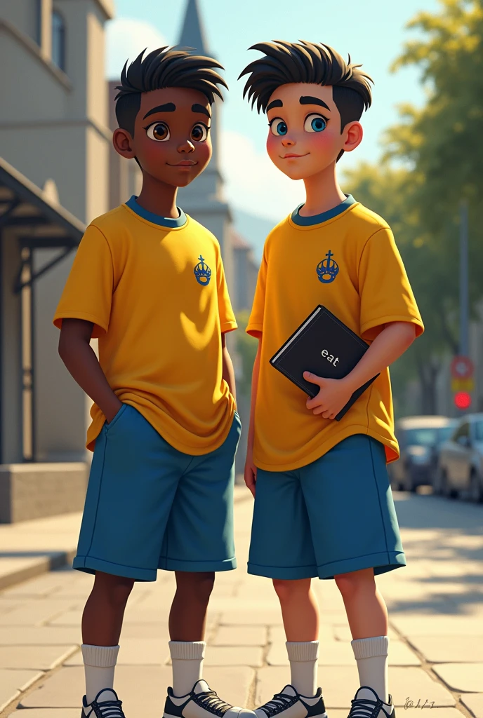 Two agers, one black and one white. They both have short black hair.. They are wearing a yellow shirt that has a small blue crown on the chest.. On the shirt there are the letters EAT He is wearing blue shorts, white futsal shoes and wears small white socks. One hand is in the pocket and the other is holding a bible. Ao fundo, there is a small baptist church with gray walls. They are on the paved street of a big city and the sun is shining brightly.. They have a serius face and look to the camera.