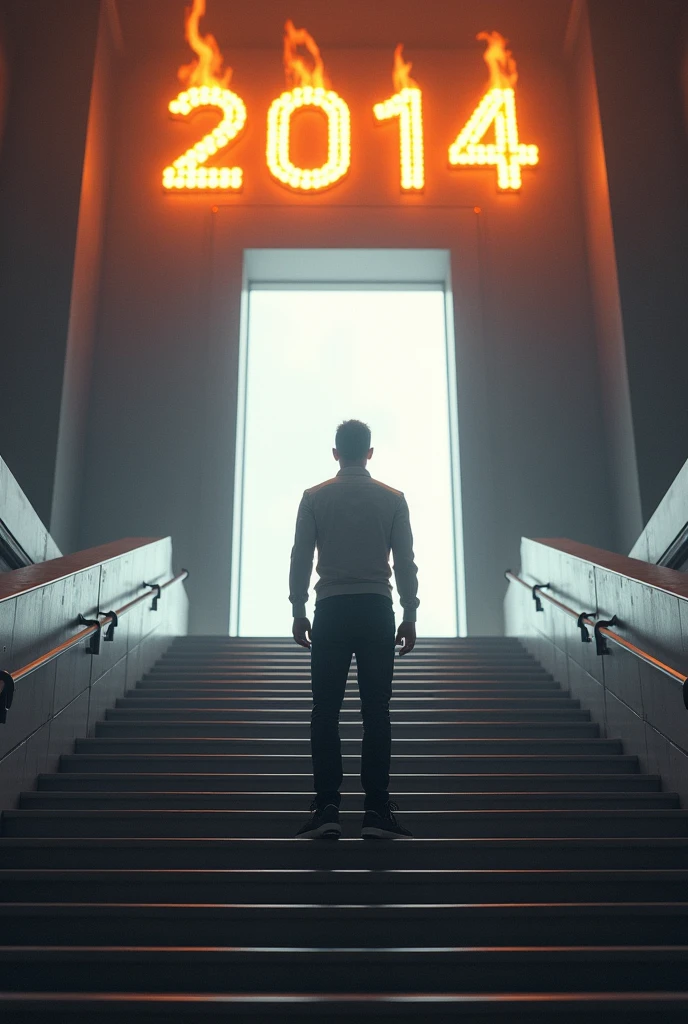 Create a man on top of a futuristic staircase in front of a luminous door.. Above the door it says 2014 on fire. The man is wearing casual but very elegant clothes..
