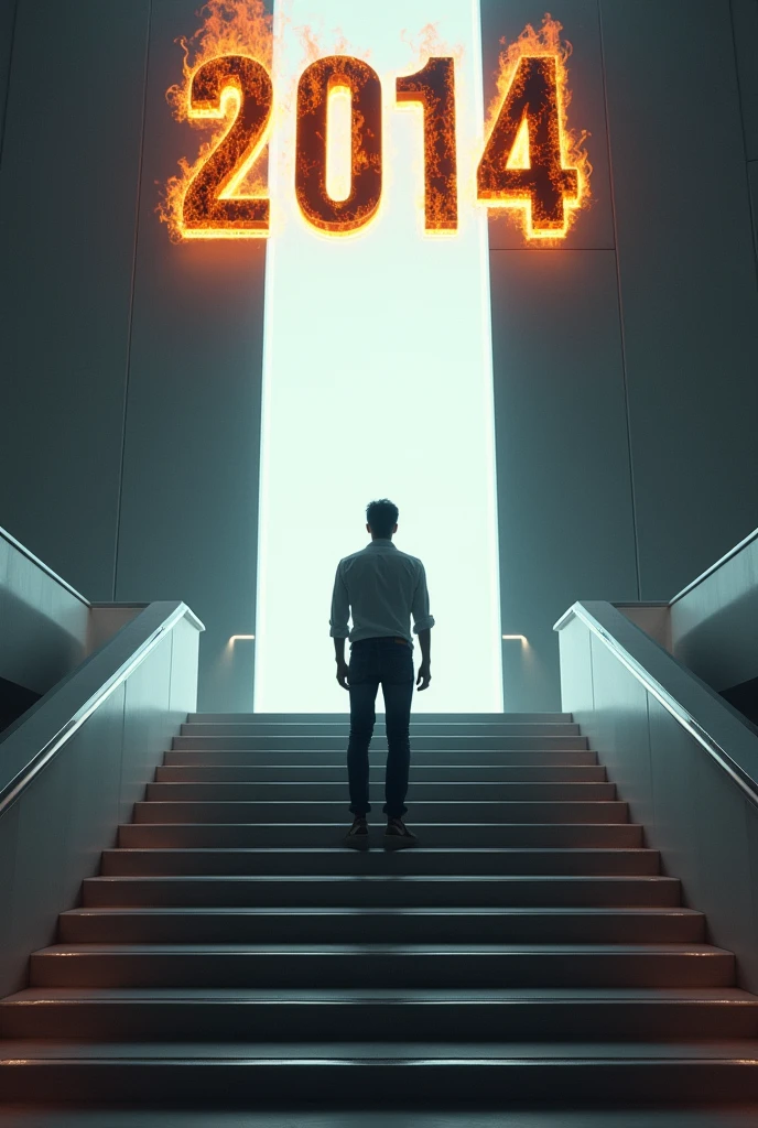 Create a man on top of a futuristic staircase in front of a luminous door.. Above the door it says 2014 on fire. The man is wearing casual but very elegant clothes..
