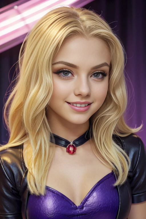Beautiful girl with long fluffy blonde hair , long fluffy blonde hair , Trends at CG Society, Digital art, (Rostro Marilyn Monroe:0.9) beautiful blonde girl, modelo blonde , rubio, blonde teenhoto of a beautiful teenagerice smile , cute makeup , blue eye shadow , beautiful teenage girl , she has big breasts , chica happy , happy ,small nose , cute makeup , blue eye shadow , Red lips , Whole body , posing sexy , beautiful teenage body , Vd background , bet ,to become night , happy , Nice smile , dress , mlp , Adagio Dazzle , divercion , Whole body , biker outfit , biker clothing , ropa color morada , cinturon con rubies , botas largas con tacon