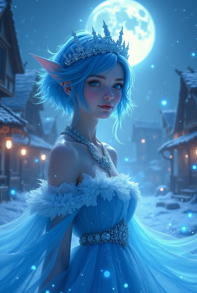 evening, ((1 girl)), alone, masterpiece, 8K Wallpaper, High resolution, absurdities, High quality background, short hair, black fur, multicolored hair, beautiful frozen town, (full and bright moon), Blue dress, detailed dress, jewelry dress, (magic:1.2), blue fire, blue eyes, bright Eyes, fire, ice goddess, (beautiful detailed blue crown), electricity, blue electricity, blue light particles