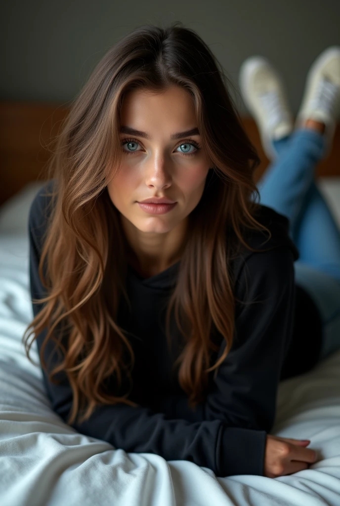 beautiful european girl with blue eyes and brown hair, she is lying on the bed on her back ready to be fucked, she is wearing a black hoodie, she is wearing white sneakers and white jeans, ultra High resolution, (fotorrealista: 1. 4), High resolution, (finely detailed skin), (blue eyes), (perfect proportions) (realistic photos) (masterpiece) (fotorrealista), ultra-realistic (Best quality) (detailed) photographed with a Canon EOS R5, 50mm lens, f/2.8, (8k) (Wallpaper) (cinematic lighting) (dramatic lighting) (complex) mode.