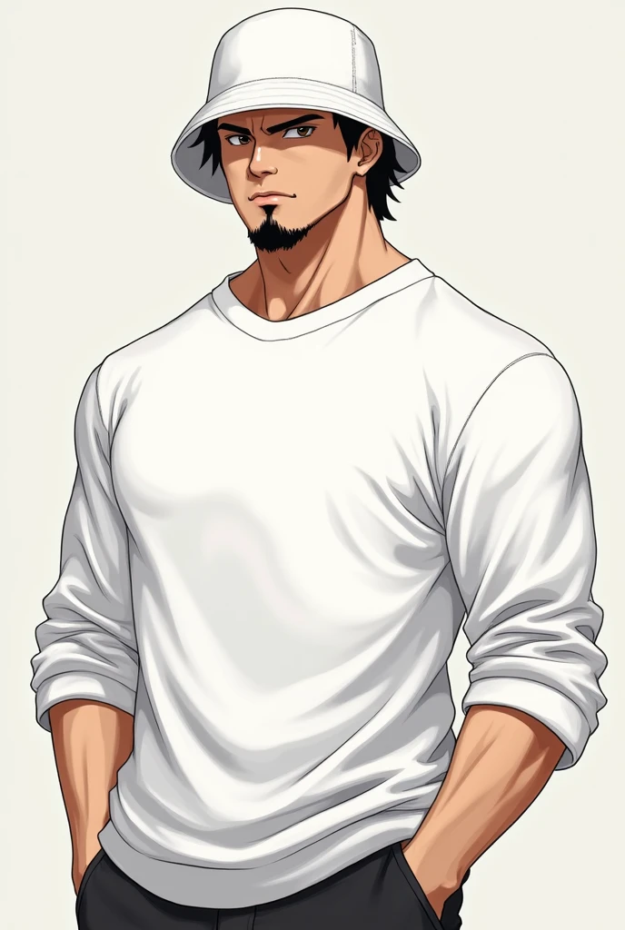 Masculine character in anime format with white sweatshirt and white bucket hat and black goatee hair with a serious face looking forward from the abdomen up and a little muscular