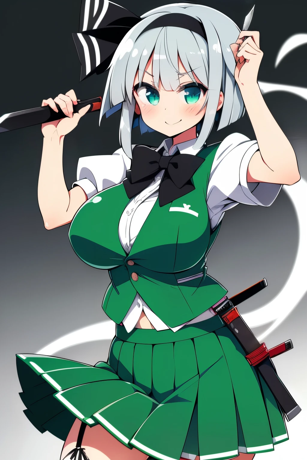 ((the best画質、the best、1 girl、Drawing in detail))、konpaku youmu \(ghost\)、Hitodama、
Gray Hair、short hair、Short Hair、Black Hair Band、black hair ribbon、
Large Breasts、Big Tits:1.5、Big Ass:1.5、Young、Short stature、
smile、smile、
(Bowtie、Short sleeve shirt、green vest、Green skirt、garter belt、tights、knife、Wakizashi、skirt set、Absolute area、sheath)、
Are standing、Japanese-style streetscape、castle town