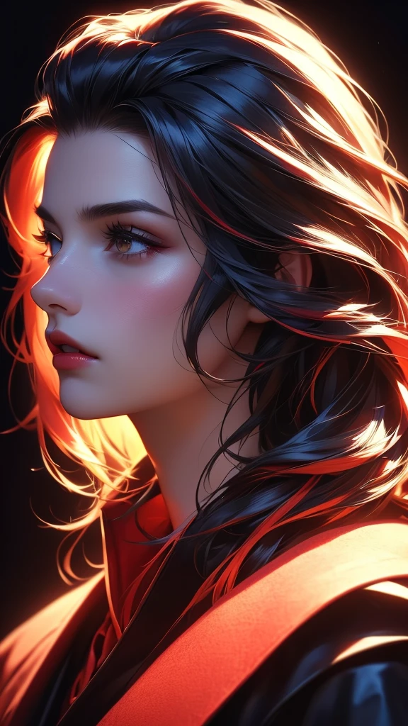 a girl with colorful hair, wearing a black coat with red lining and collar, looking directly at the camera, solo, profile view, detailed red lips, black background, long black hair, detailed makeup, side view, realistic lipstick, (best quality,4k,8k,highres,masterpiece:1.2),ultra-detailed,(realistic,photorealistic,photo-realistic:1.37),highly detailed portrait,cinematic lighting,chiaroscuro lighting,dramatic lighting