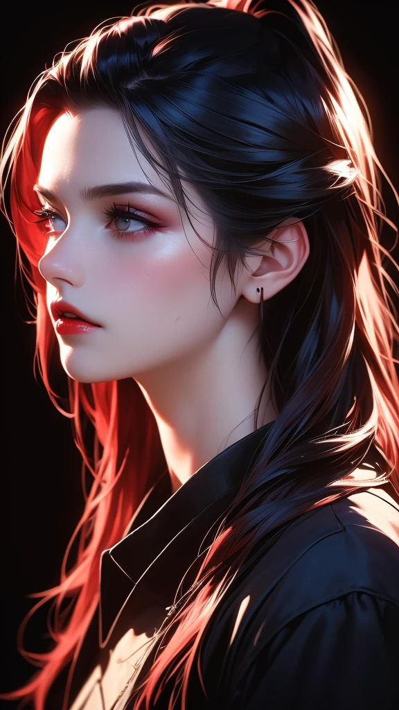 a girl with colorful hair, wearing a black coat with red lining and collar, looking directly at the camera, solo, profile view, detailed red lips, black background, long black hair, detailed makeup, side view, realistic lipstick, (best quality,4k,8k,highres,masterpiece:1.2),ultra-detailed,(realistic,photorealistic,photo-realistic:1.37),highly detailed portrait,cinematic lighting,chiaroscuro lighting,dramatic lighting