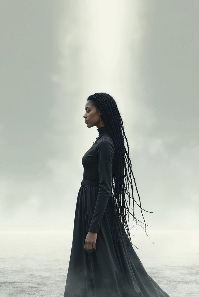 Womean standing in all and black drawing wirh breaded hair