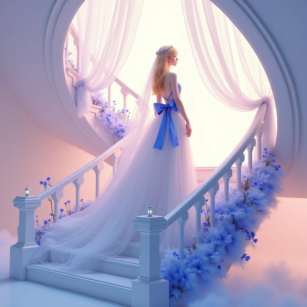 На goldй красивой художественной лестнице, Curved, interesting shape, there is a cute blonde girl holding the hand of a in a beautiful lush dress with a blue bow, Transparent dress, in extravagant clothes, away from the light pink white fog around and at the feet, minimalist, elegant, pure gentle, Soft bright light, veil, sheer curtains, lace beautiful lingerie, beautiful white staircase with blue flowers along the entire staircase,, photorealistic. branch one dark blue orchid , with huge and long dark blue petals. (petal made of thin and soft tulle, flowing petals full background, Mix of pink smoke and fog effects from colored blue fog on the ground and petals). Extravagant, beautiful woman full length, nice legs, shoes, , lace,gold, white staircase, strewn with pale pink , screw gold things,, stair, U-shaped, curved and wooden .