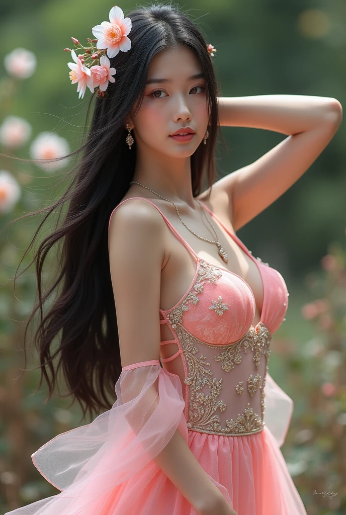 (full body shot:1) photorealistic image of a woman, ultrarealistic, photography, straight long black hair, asian woman, beautiful cute sexy asian 20 years old woman, hourglass figure, perfect body, Flirty look, natural big breasts, long eyelashes, cat eye make-up, double eyelids, sexy pose, erotic pose, seductive pose, big breasts, big tits, wearing a sheer rainbow baby pink white shiny glitter traditional miao dress, jewelries,hmong outfit ,wind blows at hair, flowers,one arms up posing