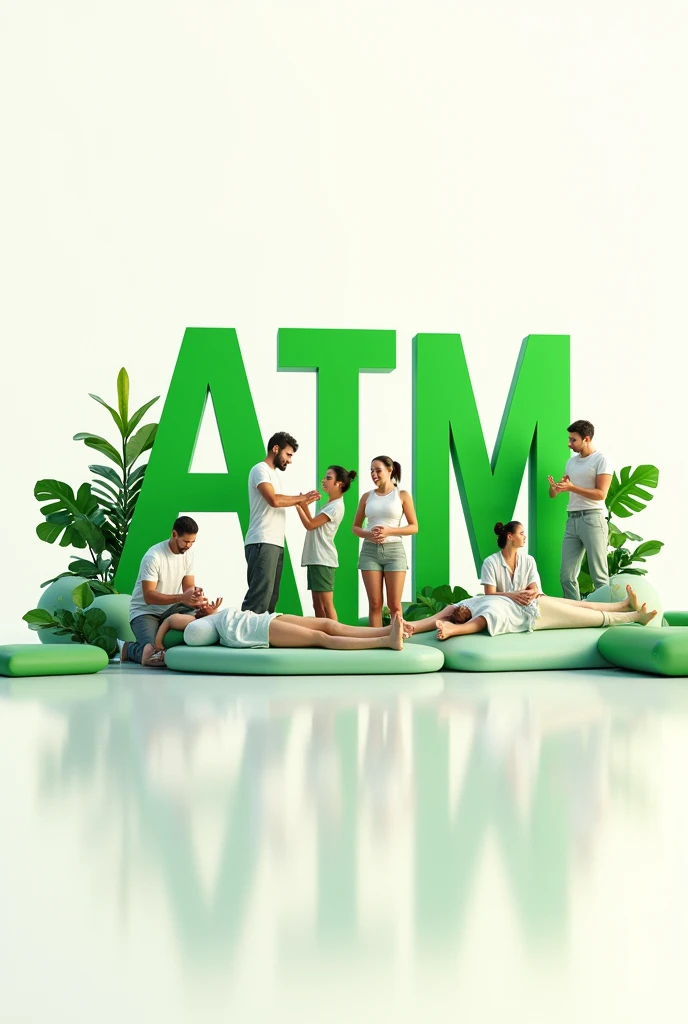 I would like an image in which the letters of the acronym ATM appear in green, highlighted on a white background and people doing physical exercises., massage and acupuncture.

