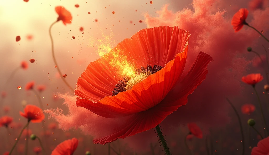 Create an image of an exploding poppy, releasing its phytochemical compounds in 3D from one side of the screen with an extraordinary background In horizontal size, as for a wallpaper