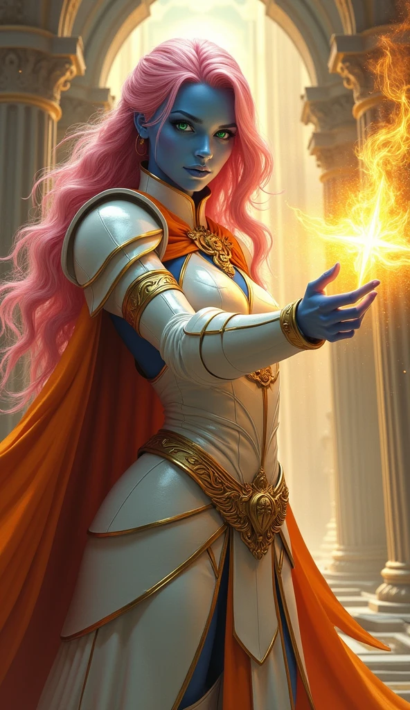 fantasy portrait  art, dnd art, RPG art, wide shot, (masterpiece: 1.4) intense details, highly detailed, photorealistic, best quality, highres, portrait a female (fantasy art, Masterpiece, best quality: 1.3) ((blue skin: 1.5)), intense details facial details, exquisite beauty, (fantasy art, Masterpiece, best quality) cleric, (blue skinned: 1.3) female, (pink hair: 1.3), long hair, ((no ears: 1.5)), (green eyes: 1.3), casting yellow radiant spell, wearing heavy (white armor: 1.3), wearing high heeled boots, wearing an (orange cloak:1.3), wearing glowing holy symbol, within fantasy temple background, reflection light, high details, best quality, 16k, [ultra detailed], masterpiece, best quality, (extremely detailed), close up, ultra wide shot, photorealistic, RAW, fantasy art, dnd art, fantasy art, realistic art,((best quality)), ((masterpiece)), (detailed), perfect face, art by mooncryptowow