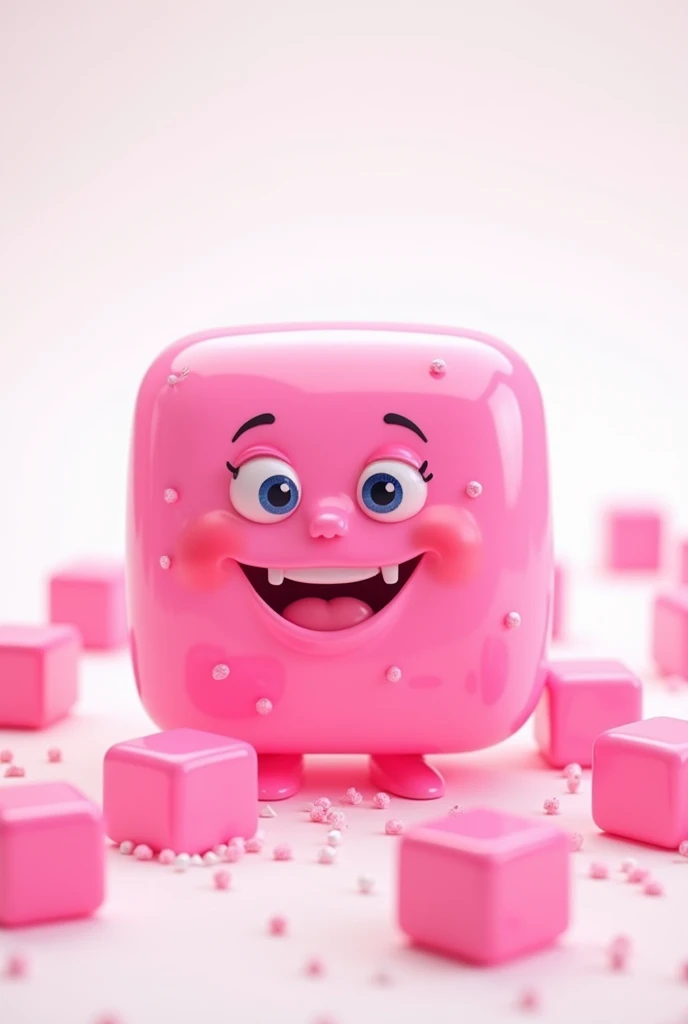 Create a pink square bubble gum with a happy face by making a bubble gum with your mouth and the white background full of mini square bubble gums scattered around