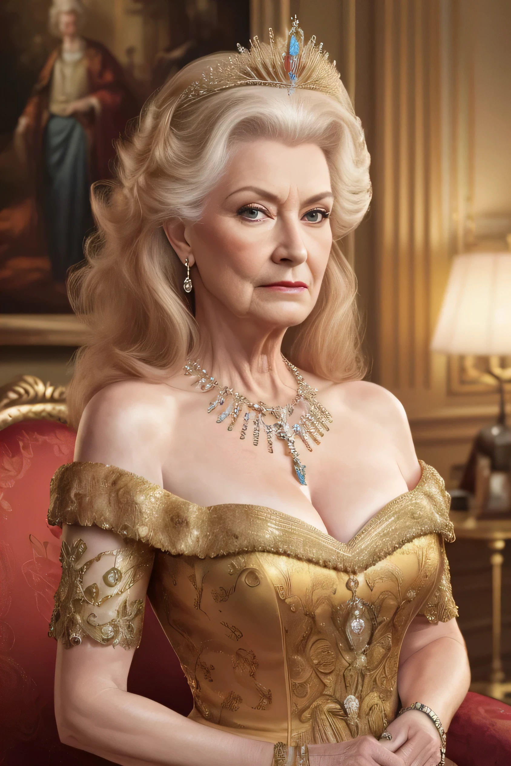 (Highest quality,4K,8k,High resolution,artwork:1.2),Very detailed,(Realistic,photoRealistic,photo-Realistic:1.37), Hall for people 60 and over々Barrel Madame, Queen,Dominant representation, (Nancy Patricia D.....'Alexander Pelosi:1.1), A dignified figure, rich curves, Wrinkled face, Lingerie,short hair, Intense aura, Sublime Dominance, Sexy Lingerie, Lingerie in different colors, In the bedroom, in the garden, Clear Lingerie, Wearing panties,Make your bra visible, good, I'looking forward to it, Show me your ass from behind