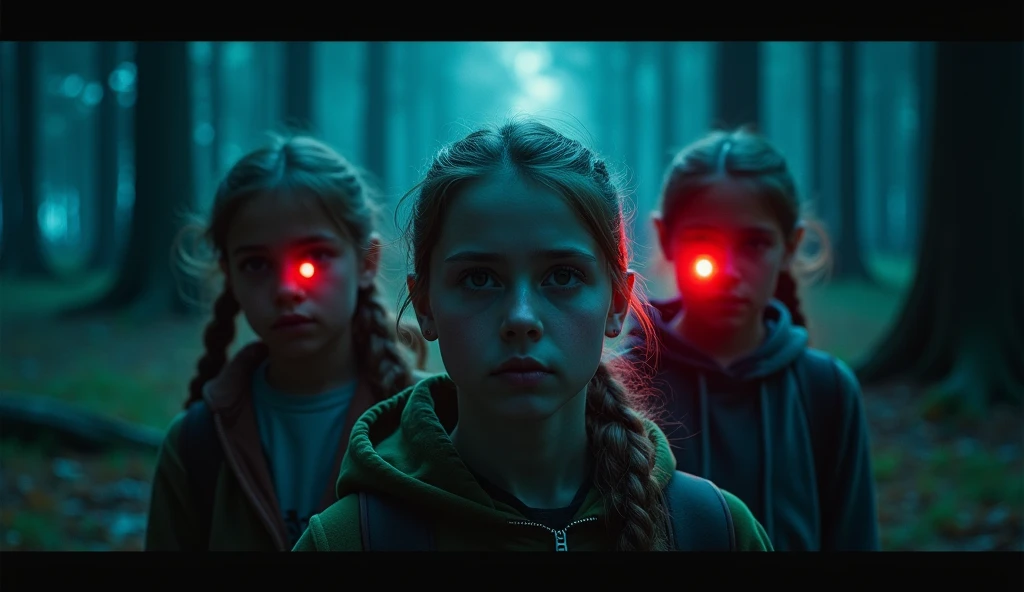 A group of young people at the edge of the forest, illuminated by flashlights, with determined and tense expressions. This indicates their courage in deciding to investigate the source of the red light. The nighttime setting and the shadows of the surrounding trees add a touch of suspense., magical, Analog Horror, drawing, close-up, ArchViz rendering, Depth of field, Interactive, aquamarine colors, Memphis, film noir lighting, realistic dramatic lighting 8k portrait fine details photorealism cinematic intricate details cinematic lighting photo realistic 8k --ar 16:9
