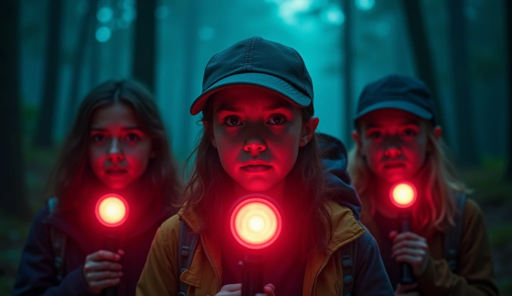 A group of young people at the edge of the forest, illuminated by flashlights, with determined and tense expressions. This indicates their courage in deciding to investigate the source of the red light. The nighttime setting and the shadows of the surrounding trees add a touch of suspense., magical, Analog Horror, drawing, close-up, ArchViz rendering, Depth of field, Interactive, aquamarine colors, Memphis, film noir lighting, realistic dramatic lighting 8k portrait fine details photorealism cinematic intricate details cinematic lighting photo realistic 8k --ar 16:9