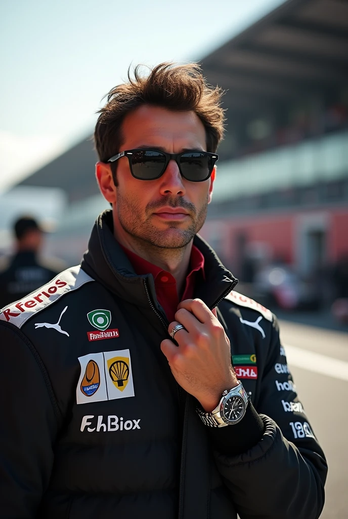 (photorealism:1.1) a man with dark brown hair and brown eyes in the Formula 1 pitlane in Monza wearing Rayban sunglasses and an Omega and wearing a wedding ring 8k ultra realistic super detailed