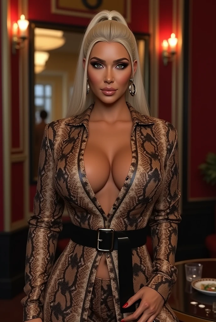 Kim Kardashian with blonde hair in a ponytail, she wears a tight snake pattern shirt with buttons and sleeves, with a large cleavage, she also wears a wide black belt around her stomach, in a VIP room