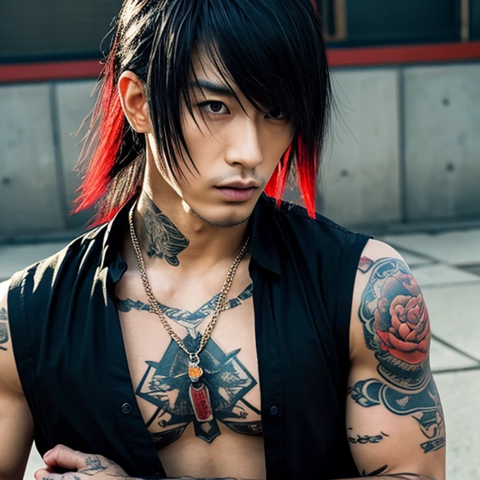 1 man, Japanese man, male, Asian eyes, muscular, broad shoulders, yakuza tattoos, hairstyle Visual Kei style, hair Visual Kei, black men's shirt and black pants, ultra detailed face, hyperrealistic, realistic representation, long hair, long hair, 30 years old, age 30 years, blonde hair