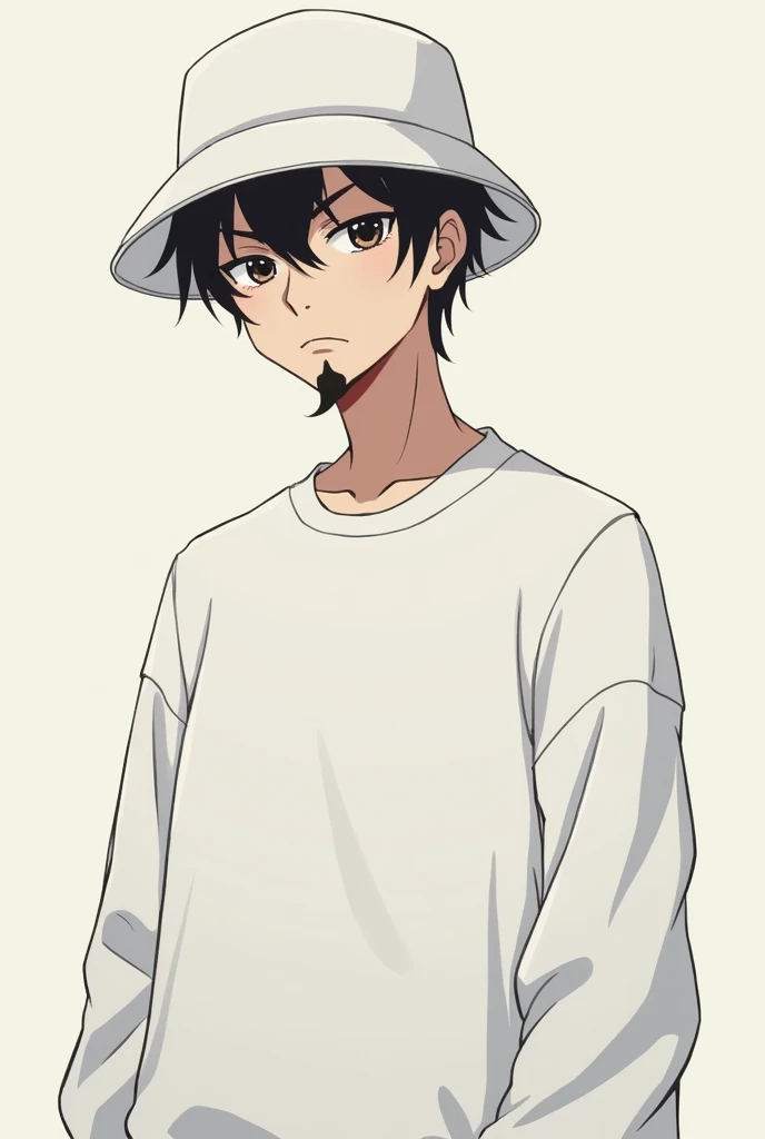 Male character in anime format with white sweatshirt and white bucket hat and black goatee hair with a serious face looking forward from the abdomen up