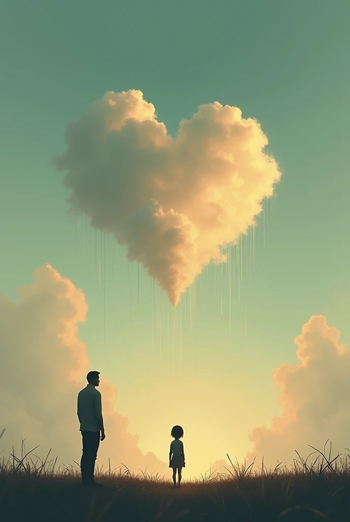 A child and his father with a big heart in the sky far from each other and sad cloud the rain