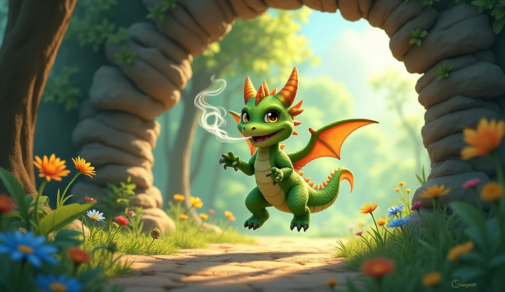 **Smoke, the Little Dragon:**
- Smoke is a small dragon, and 30 centimeters tall. He has green scales that shine slightly in the light. His eyes are bright yellow and expressive, conveying a sense of mischief and joy.
**Action and Posture:**
- Smoke is flying in circles around the cave entrance, with his small wings beating rapidly. His flying posture should show dynamism and movement, with his wings outstretched and his body curved in a way that suggests agility.
**Additional Details:**
- He is releasing small clouds of smoke from his nostrils, which disperse subtly in the air. The clouds should be soft and translucent, giving an effect of lightness and playfulness.
**Expression and Atmosphere:**
- Smoke displays a mischievous and charming smile, adding a touch of fun and energy to the scene. Smokey's facial expression should be playful and happy, reflecting his playful and mischievous nature.
**Environment:**
- The background of the image should show the cave entrance with tall trees and wildflowers surrounding it. The lighting should highlight Smokey, creating a subtle glow on his green scales and yellow eyes, while the clouds of smoke are visible against the natural environment. 2D, Cartoon.
