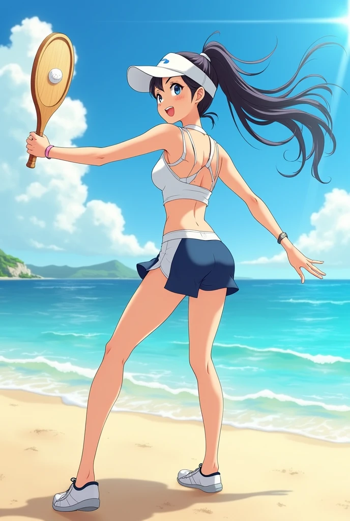 An anime woman on the beach playing sports with an all-wood racket with a handle that fits in her hand, standing racket