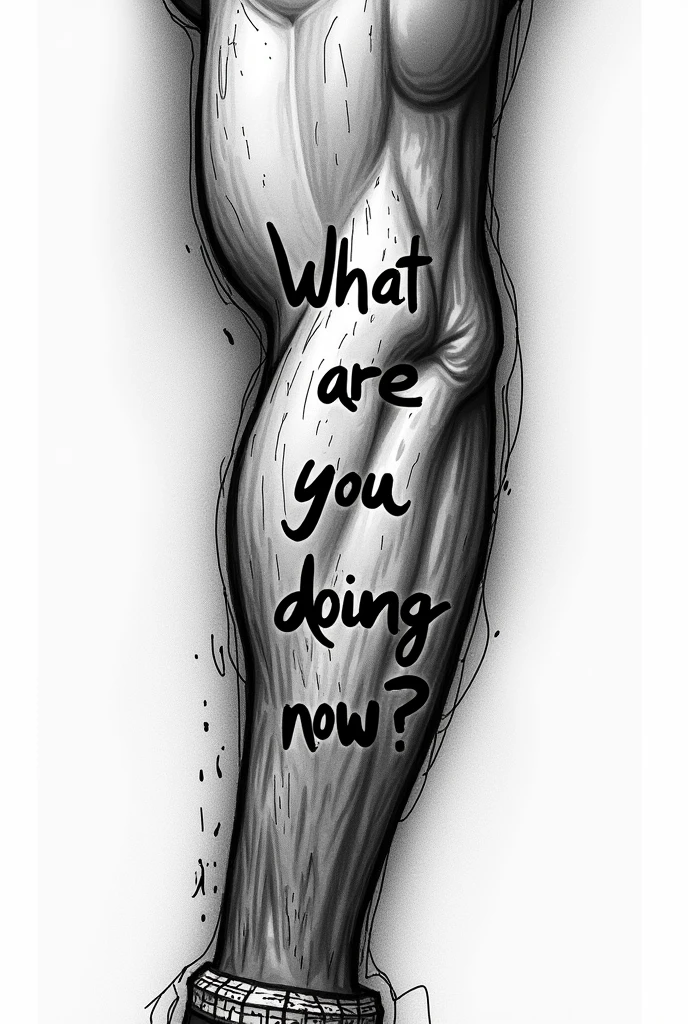 black and white drawing, arm tattooed with the words What are you doing now?
