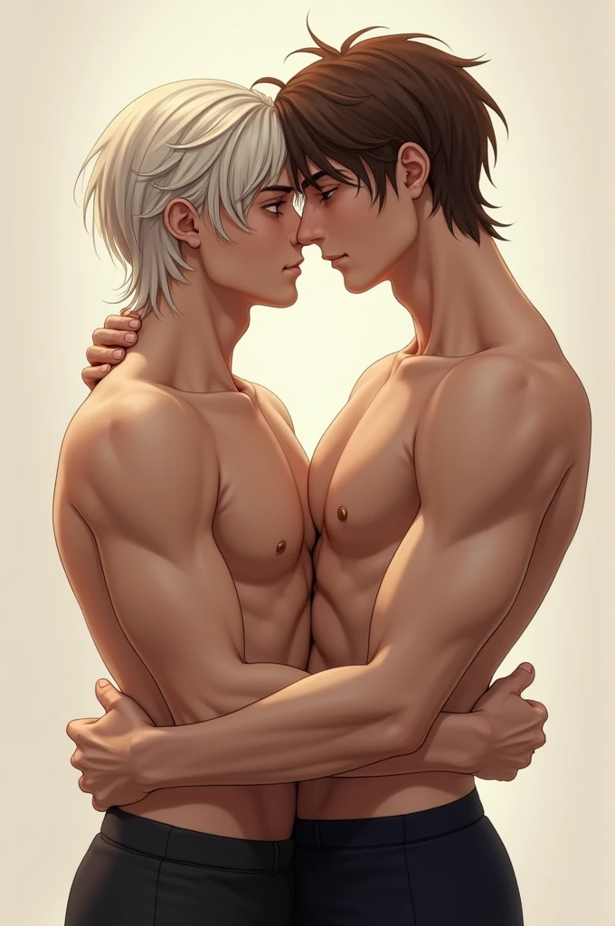Two men are standing close to each other. One man has short platinum hair styled like Rapunzel and the other man has brown hair. The brown-haired man is holding the waist of the shorter man.
