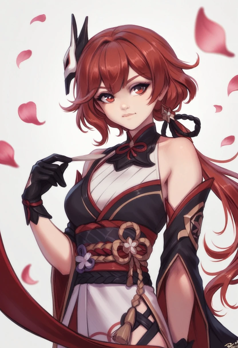By personalami. sparkle \(honkai: star rail\),1girl,solo,gloves,mask,japanese clothes,black gloves,bare shoulders, black with red line hair, red eyes with four flower petals