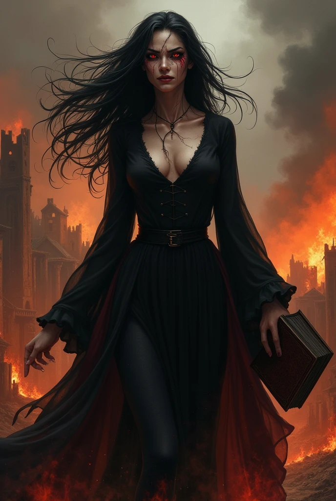 witch ,eternity ,burning village ,evil smile ,dark forbidden Magic devil book , flat chest , slim , very long pitch black hair , red eyes , veins, possessed by the Devil ,dark devil robe,slender ,teared eyeliner