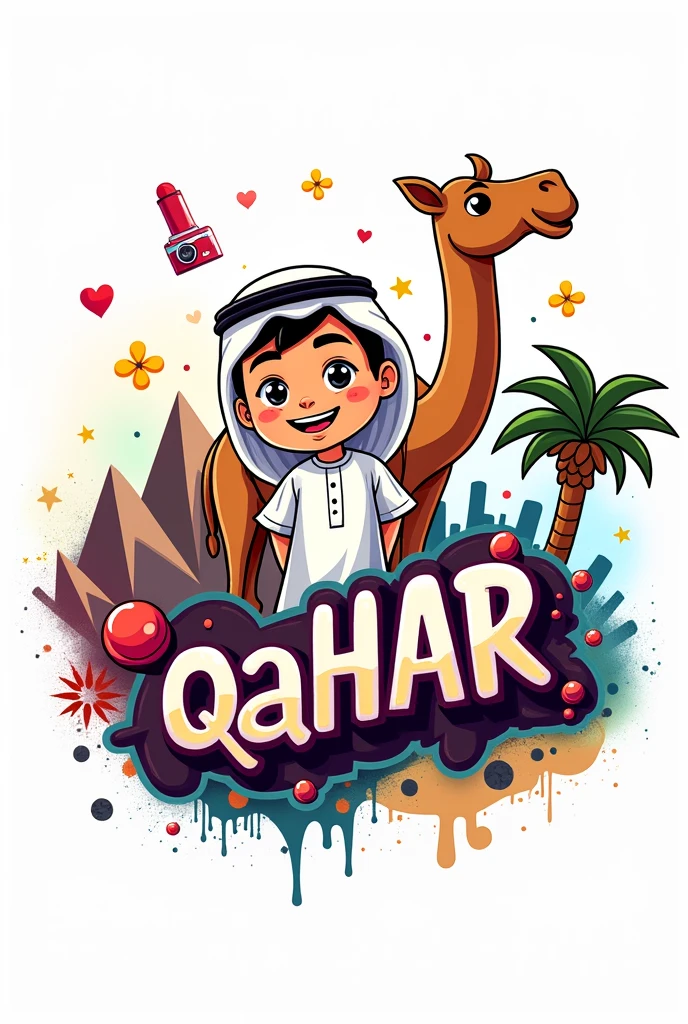 Abstract graffiti style drawing of the "I Love My Country" logo. The logo is a cartoon image of a smiling Qatari boy in traditional dress with a camel behind him, with mountains, a palm tree and the capital Doha with buildings in the background. The background is a vibrant white color. The graffiti style includes elements such as stars, a camera and swirls. The logo also has the text "Qatar" in the middle of the image
