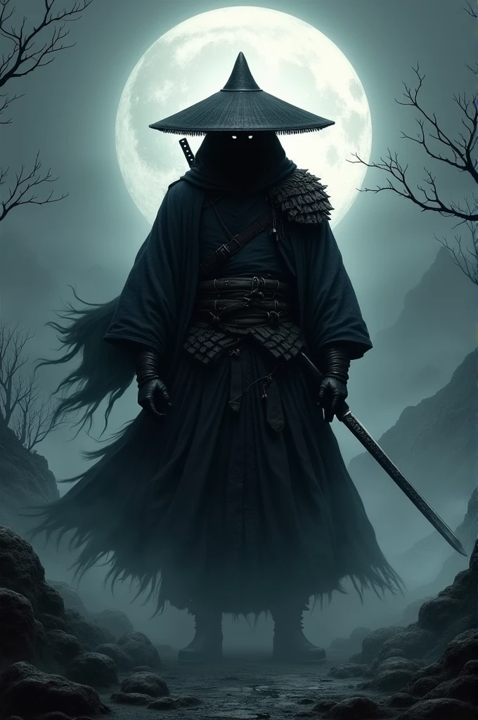 Samouraï noir avec chapeau pointu
