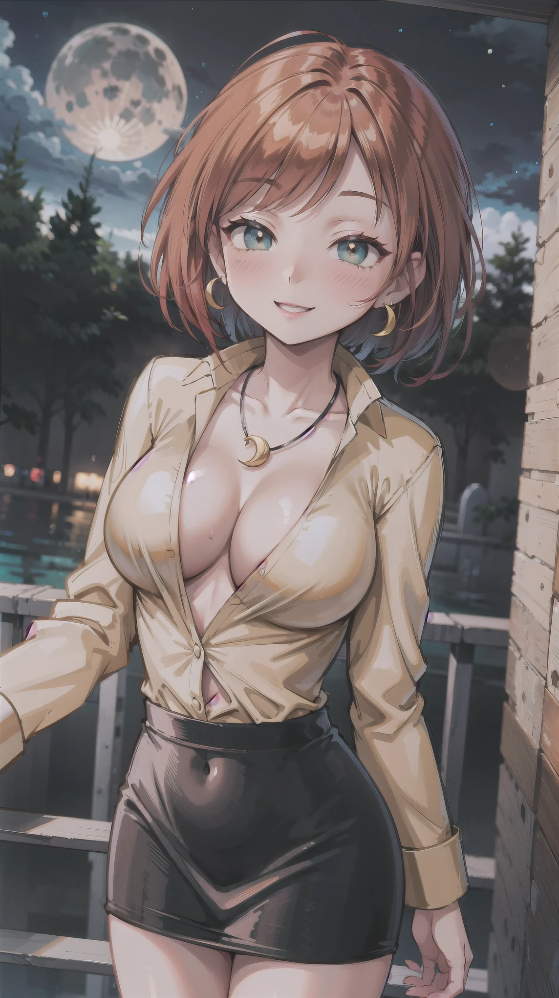 ((super high quality,))((Ultra-high resolution,))(16K,)(super masterpiece,)((Ultra HD ,))(Detailed shading,)Looking up from directly below,One sexy woman,Brown short hair bouncing out,popped Tight collar Yellow shirts,Unbutton your shirt down to your chest,Long sleeve,Cleavage,Black tight skirt,Crescent-shaped earrings,Crescent Necklace,Ecstatic smile,blush,Lean forward diagonally,Night sky with moon and stars,